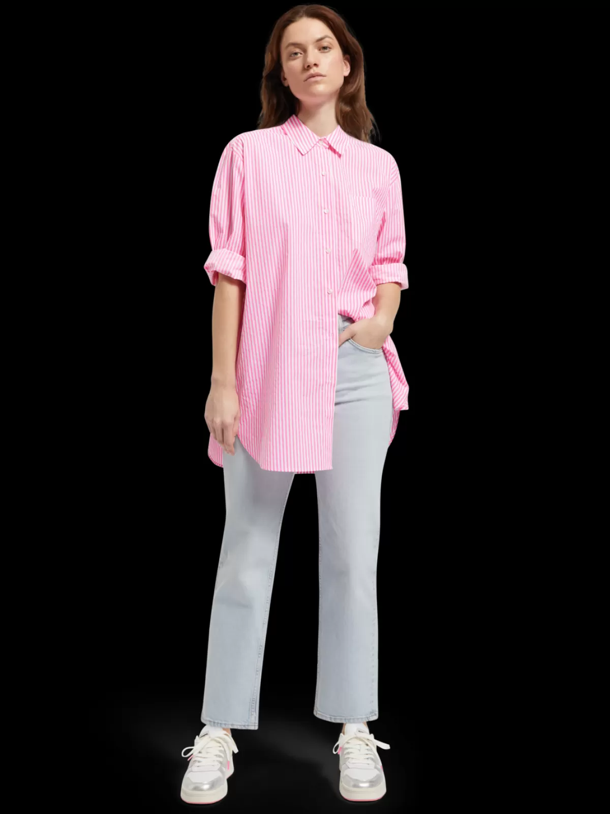 Women Scotch & Soda OVERSIZED POPLIN SHIRT IN FLUO PINK /WHITE STRIPE